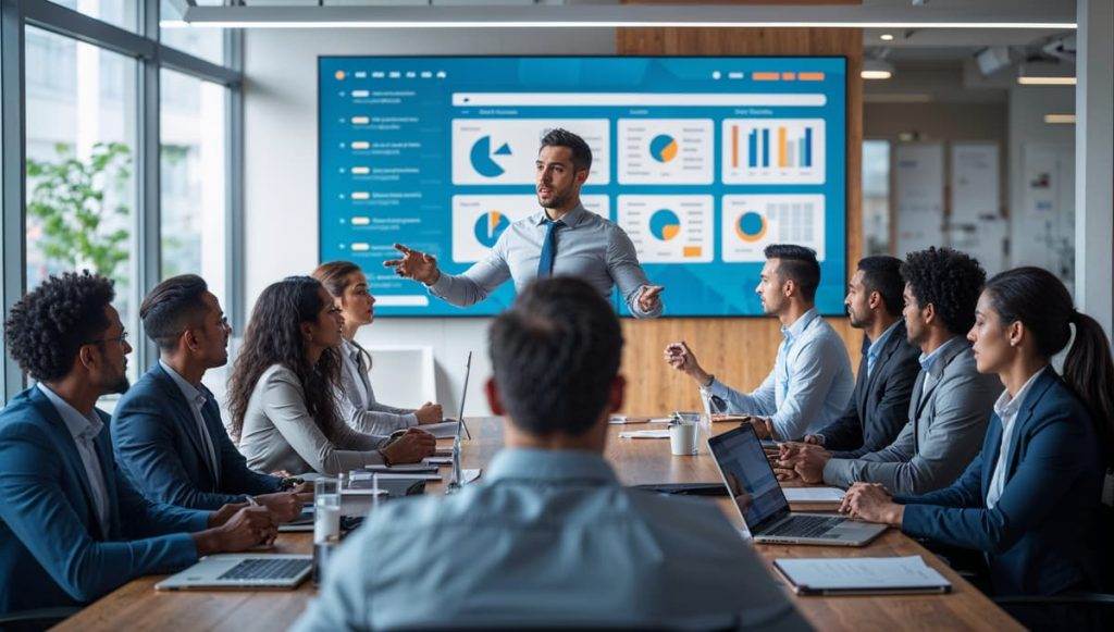 Réunion d’équipe en formation professionnelle avec un formateur expliquant des stratégies de leadership et de gestion de projet devant un écran interactif affichant des graphiques et des analyses.