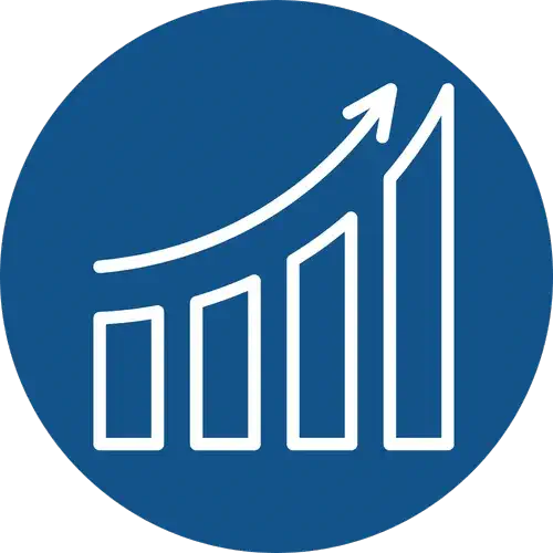 Icône représentant une courbe ascendante sur un graphique à barres, symbolisant la croissance rapide, la restructuration, et l’optimisation des capacités pour le développement professionnel et la gestion de projet.