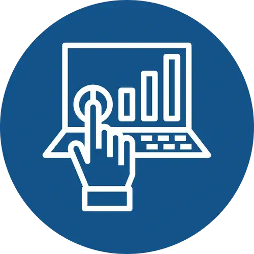 Icône illustrant une main interagissant avec un écran d’ordinateur affichant des graphiques de performance, symbolisant l’implantation de technologies, l’automatisation, et l’optimisation des processus pour le développement professionnel, l’apprentissage et la gestion de projet.