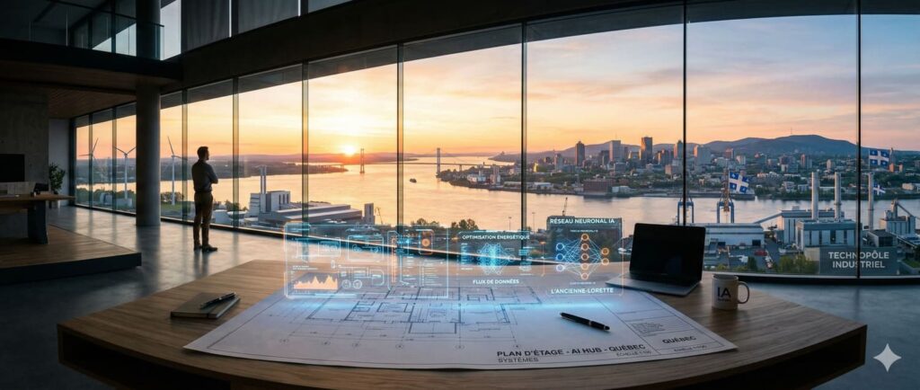 Plan d'architecte pour un AI HUB à Québec sur une table avec hologramme d'IA, ordinateur et tasse IA QUÉBEC. Vue sur le fleuve Saint-Laurent, le pont Pierre-Laporte, la ville de Québec et la zone industrielle Technopole Industriel au lever du soleil avec éoliennes. Représentation du développement professionnel et de la gestion de projet.